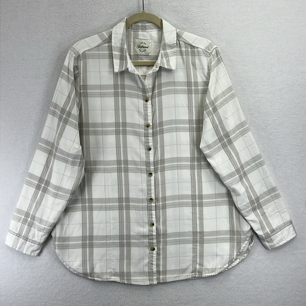 Jachs Girlfriend Women's L White & Taupe Plaid Soft Flannel Shirt Side Pockets